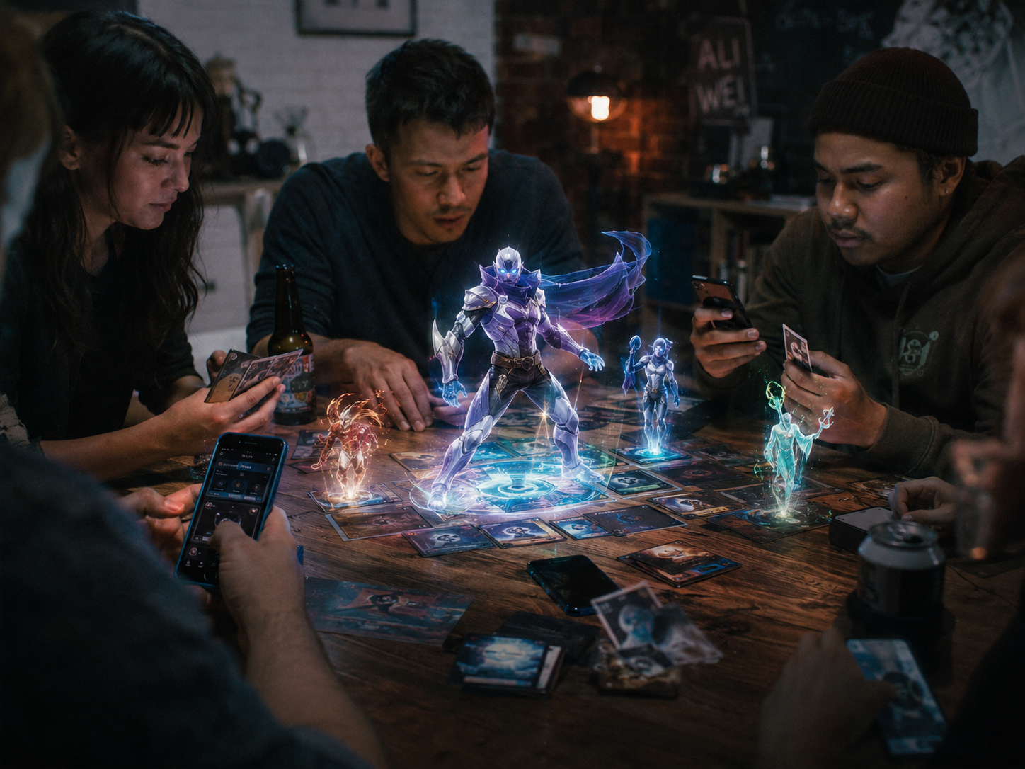 A group playing a board game with holographic characters