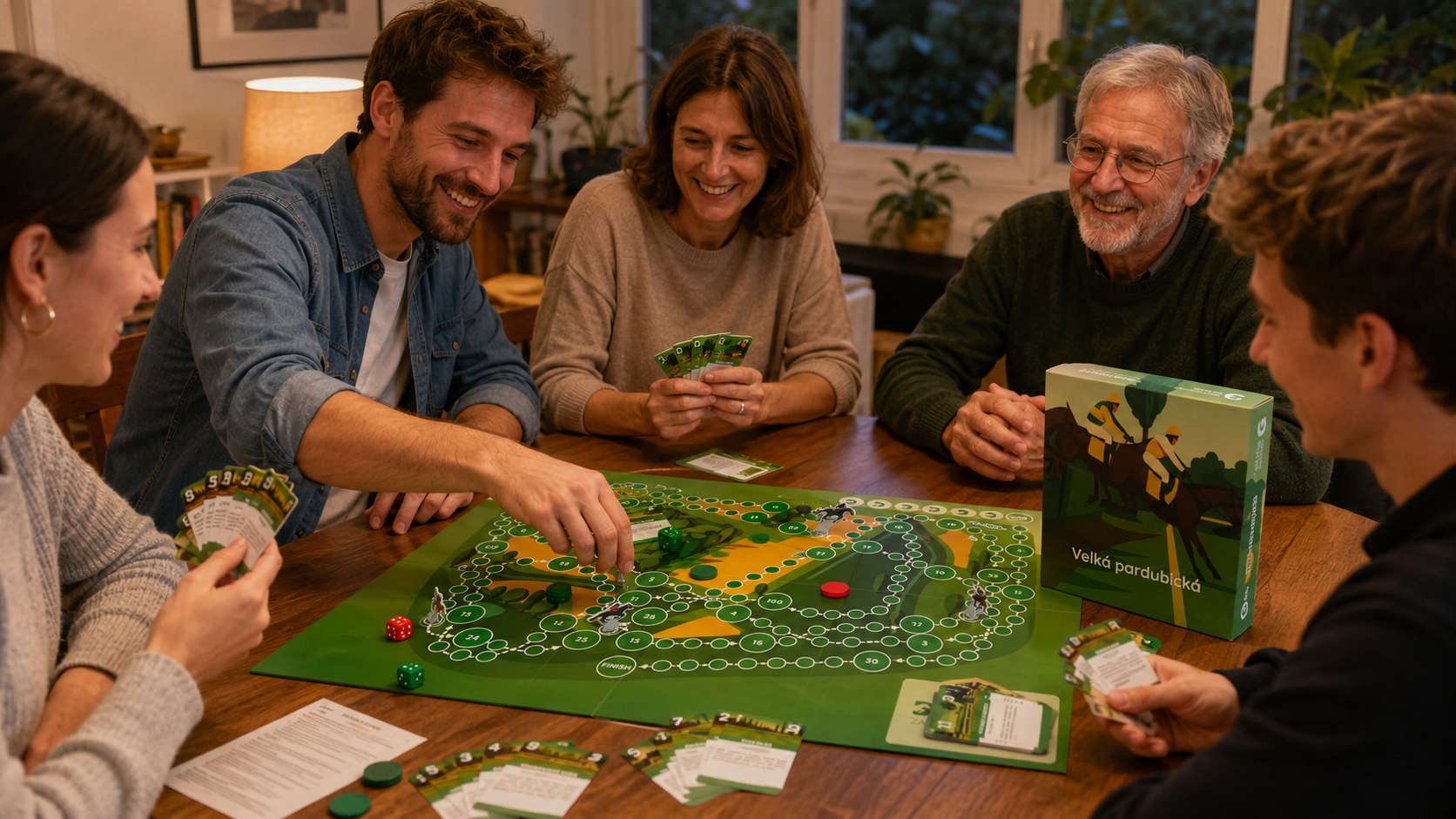 A family playing the Velká pardubická board game at a table
